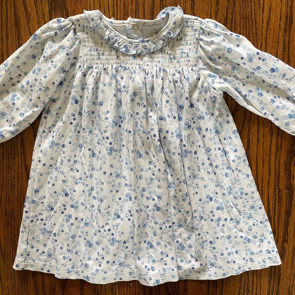 Kissy Kissy Baby girls smocked dress 12-18 months blue and white EUC